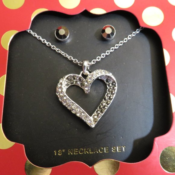 Silver Tone CZ Heart Necklace And Stud Earring Gift Box Set - Picture 3 of 3
